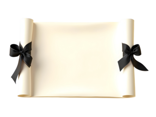 Ivory paper scroll tied with two black satin bows isolated on a transparent background cream offwhite
