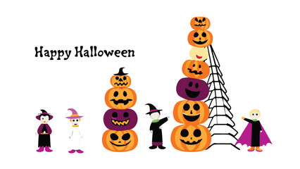 Happy halloween scene with pumpkins stacked high and children dressed in halloween costumes displayed