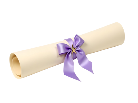 Light Beige Diploma Scroll Wrapped with Lavender Satin Ribbon and Gold Star isolated on a transparent background
