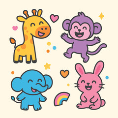 Obraz premium Set of cute cartoon animals including giraffe, monkey, elephant, and bunny with hearts, stars, and rainbow – playful kids illustration