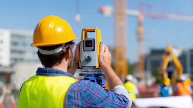 Surveyor at Construction Site: An engineer uses advanced surveying equipment amid the construction of modern buildings. This image captures the precision and expertise essential for urban development.