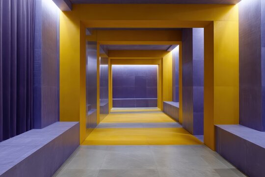 Color-inverted interior with inverted violet and yellow palette matte ceramics metallic drapes glowing side light with reflective distortion and