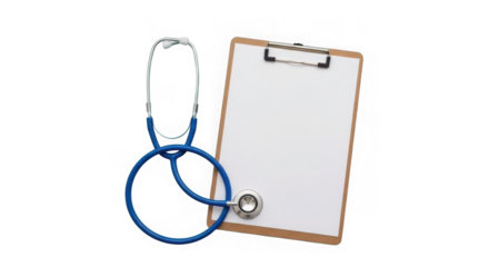 Medical clipboard and stethoscope isolated on transparent background