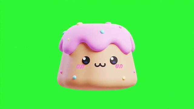 Adorable Cartoon Style Kawaii Pou Rendered in 3D with Pink Topping and Colorful Sprinkles Isolated by Green Screen Background Perfect for Children Content