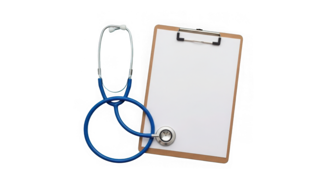 Medical clipboard and stethoscope isolated on transparent background