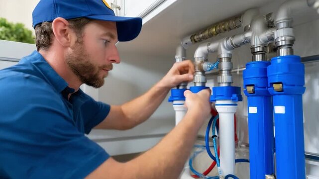 Plumber's Precision: A focused technician in a blue cap and shirt, meticulously repairs a water filtration system, embodying the dedication of his profession.