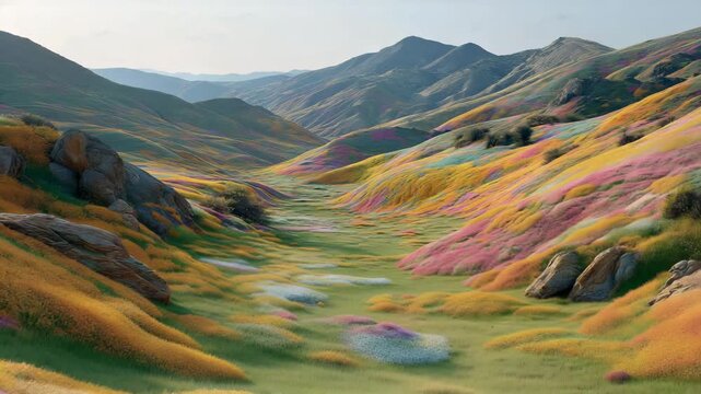 Scenic Valley Landscape with Floral Hills and Mountain Backdrop, a Serene Natural Vista