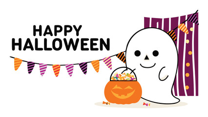 A cartoon ghost holding a pumpkin bucket in front of a halloween banner and striped curtain