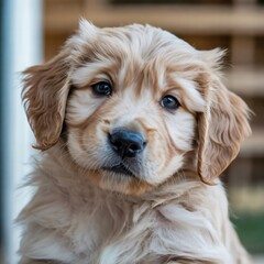 Close-Up Portrait of Fluffy Golden Retriever Puppy with Soft Focus and Warm Lighting