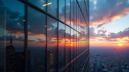 Fototapeta premium An inspiring photo-realistic shot displays a modern skyscraper's glass facade, reflecting a distorted, vibrant cityscape and a dramatic sunset sky in abstract, painterly patterns.