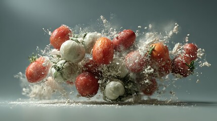 Frozen ingredients tomatoes herbs flour suspended clustered near floating midair like forming meal in MidJourney