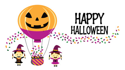 Happy halloween illustration featuring witches, a pumpkin balloon, and colorful confetti elements