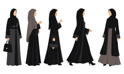 Naklejka premium Arabic Women Fashion Collection | Vector Illustration of Muslim Ladies in Abayas for Islamic Fashion Design, Editorial and Cultural Representation