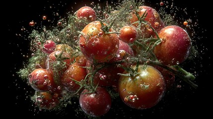 Midair frozen tomatoes herbs flour clustered close suspended as if about to combine in MidJourney
