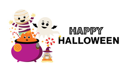 Happy halloween illustration featuring a mummy, ghost, cat in a pot, owl, and candy on a white background