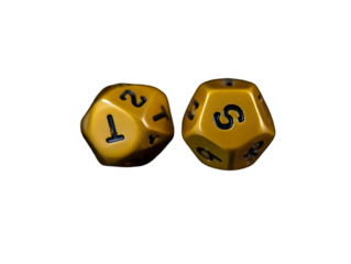 Close-up of two yellow cubic dice with black lettering, isolated PNG on transparent background, photorealistic 3D render in sharp focus with dramatic cinematic lighting