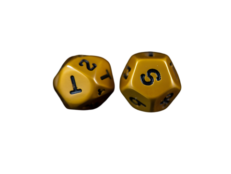 Close-up of two yellow cubic dice with black lettering, isolated PNG on transparent background, photorealistic 3D render in sharp focus with dramatic cinematic lighting