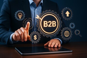Businessman interacting with glowing B2B icons above tablet on dark background, symbolizing modern digital business strategy concept.