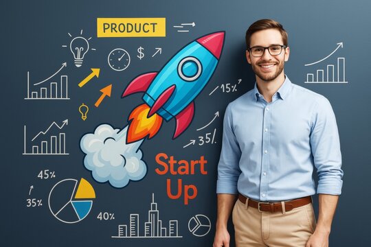 Young entrepreneur standing beside startup concept drawings with rocket, charts, and business growth icons on dark background wall.