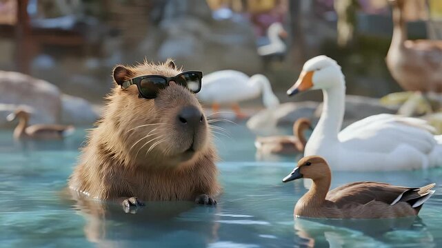 Capybara in Sunglasses: Zoo Pond Fun!