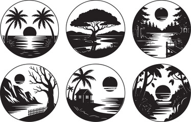 Palm trees, lake, sun, house, cabin, mountains, landscapes in a circle, vector illustration, Black and white outdoor scenes in circles, logo design elements