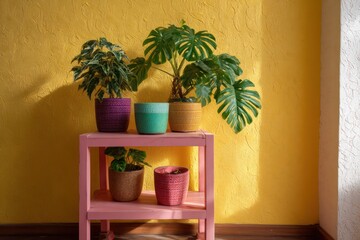 Colorful plant nook with pink stand purple pots yellow patterned wallpaper background sidelit with detailed shadow cast from leaves