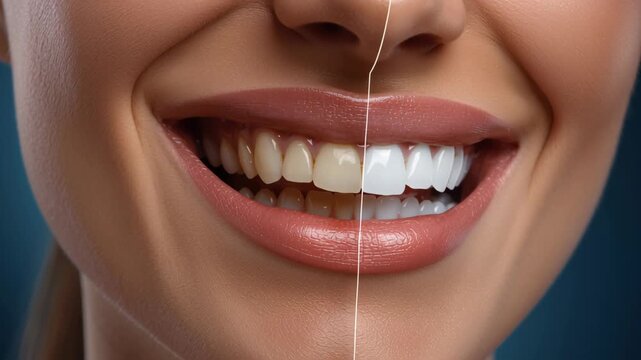 Teeth whitening comparison close up showing half natural yellow teeth and half bright white teeth smiling lips with dental health