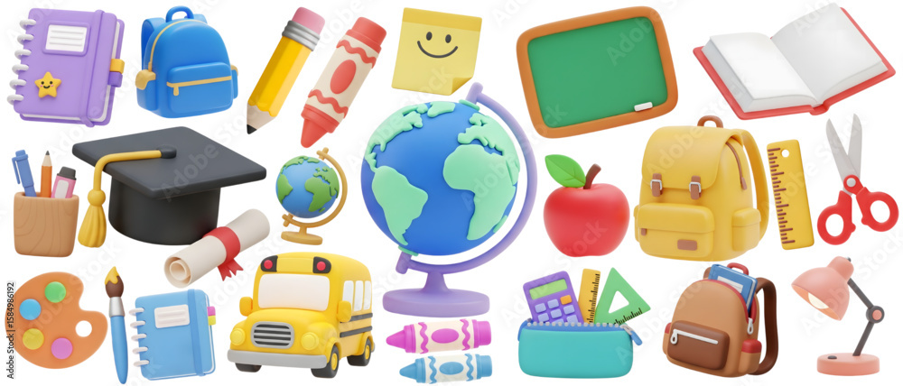 Wall mural 3d school objects png element set on transparent background