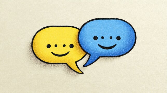 Two Colorful Speech Bubbles With Smiling Emoji Faces Represent Friendly Communication and Interaction Between People in a Lighthearted Conversation