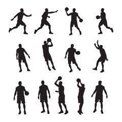 Collection of basketball player silhouettes in action isolated on white background silhouette