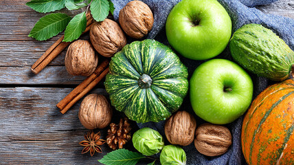 Green pumpkins, nuts, cinnamon, apples on a wooden table.