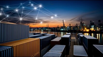 Global Logistics: This photograph showcases a modern cityscape, where cargo containers are stacked, and interconnected digital network overlays. Evoking feelings of connectivity and global trade. - Powered by Adobe