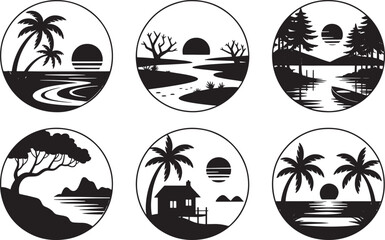 Silhouette Landscapes in Circular Frames with Nature Motifs, Beach and Water Scenes in Circular Black and White Illustrations