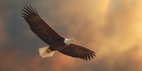 Obraz premium eagle in full wingspan flying against soft gradient sky. Panoramic banner