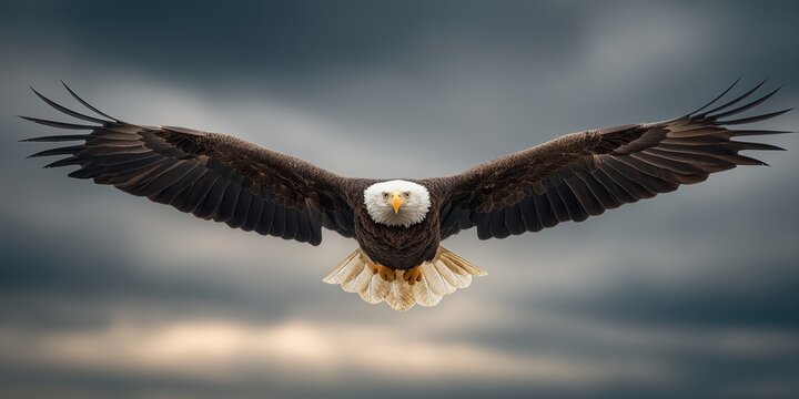 an eagle in full wingspan flying against the background of a soft gradient sky, spectacular lighting