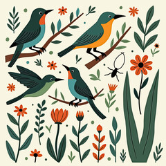 Obraz premium Immerse in Avian Wonderland: Vibrant Botanical Pattern with Colorful Birds, Delicate Flowers, and Lush Foliage, Perfect for Nature-Inspired Designs, Textiles, or Artistic Home Decor. 