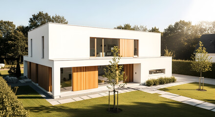 Fototapeta premium Modern Minimalist White House with Wood Accents and Green Lawn