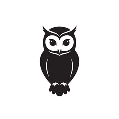 Stylized black owl illustration with large eyes silhouette isolated on white background