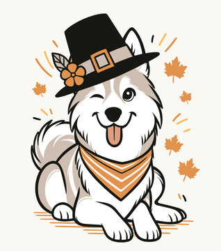 winking husky dog wearing thanksgiving hat clip art preview