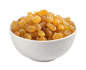 Golden raisins heaped in a pristine white bowl set against a solid black background showcase vibrancy