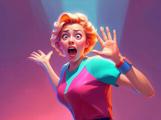 cartoon illustration of terrified woman with bulging eyes and shaking hand