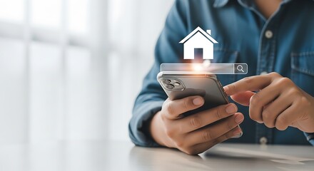 Person using mobile phone for real estate search bar house icon