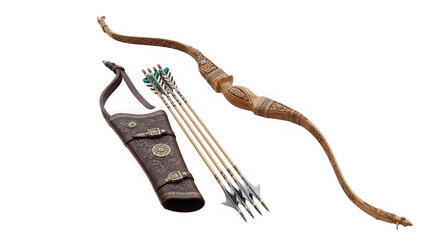 Ornate bow and arrow with quiver archery equipment isolated on transparent background