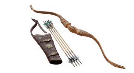Ornate bow and arrow with quiver archery equipment isolated on transparent background
