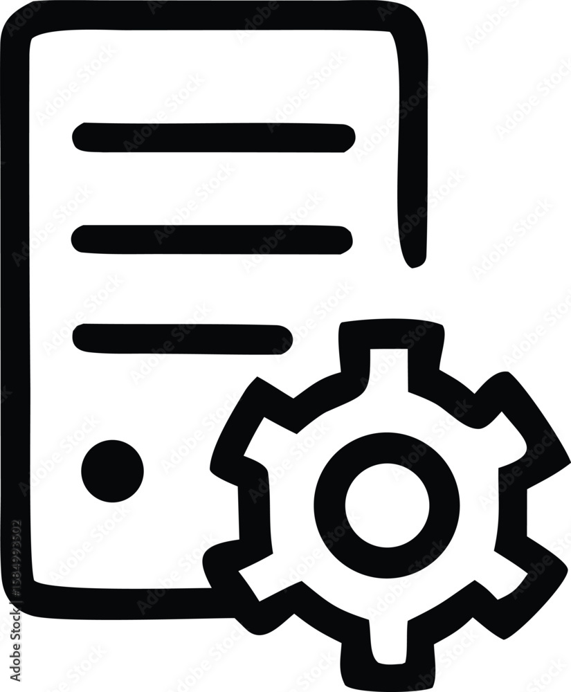 Poster a simplified black and white icon representing a document with three horizontal lines and a gear mec
