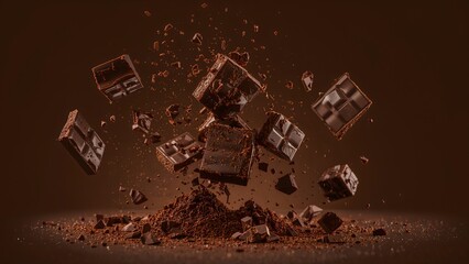 Explosion of dark chocolate chunks and powder in mid air