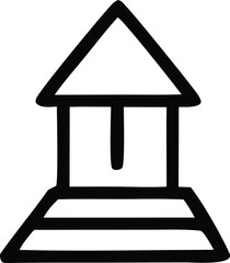 Simple black and white line drawing of a stylized house with a triangular roof and a central vertical beam on a tiered base
