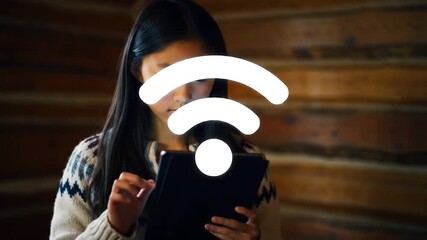 Young woman using a tablet with a WiFi symbol overlay, indoors. - Powered by Adobe