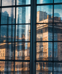 looking out large windows at downtown city skyscrapers and reflections background