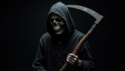 Grim Reaper figure in black robe holding a scythe dark background Death